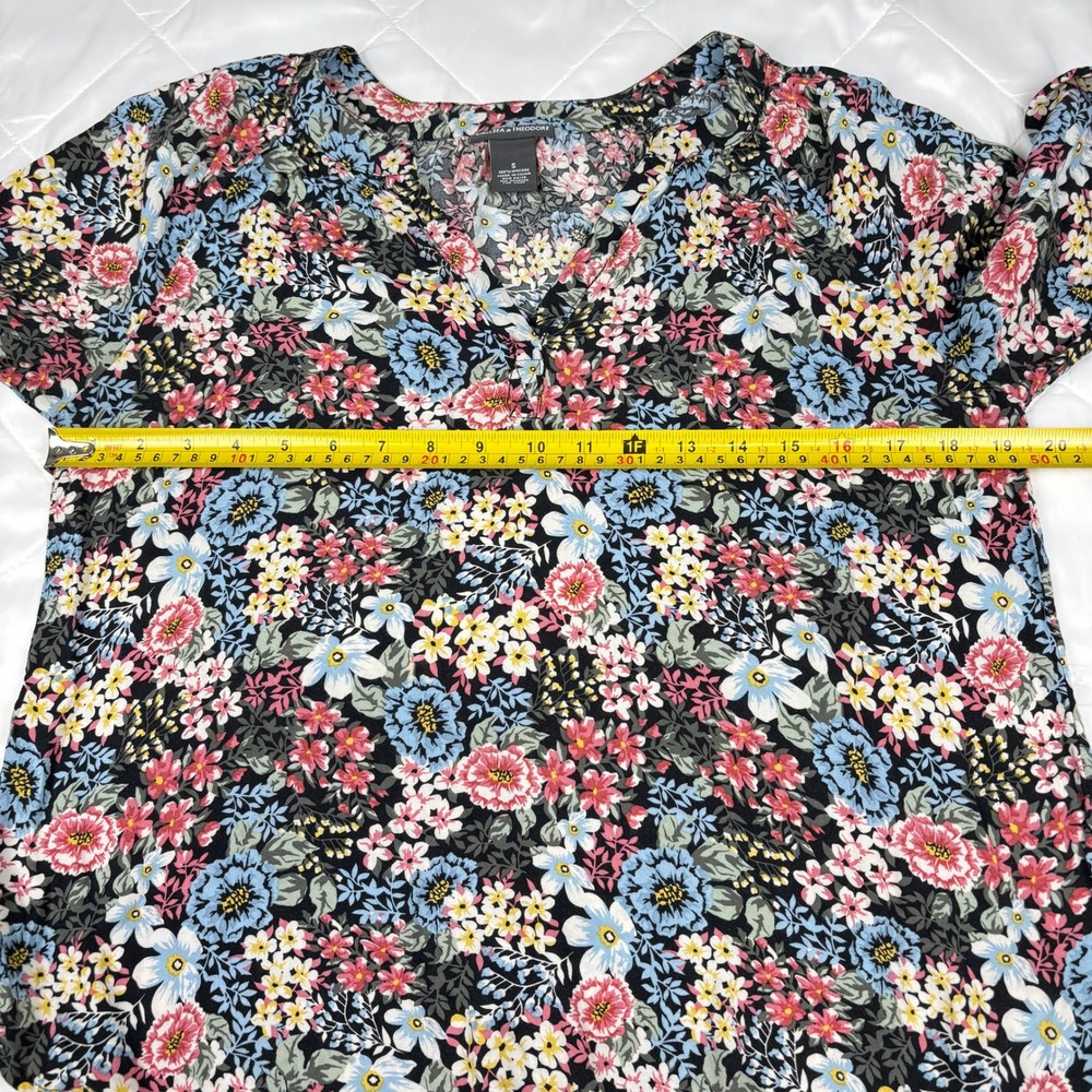 Chelsea & Theodore Floral Boho Peasant Blouse Women's Small Black Multi Viscose - Picture 8 of 11